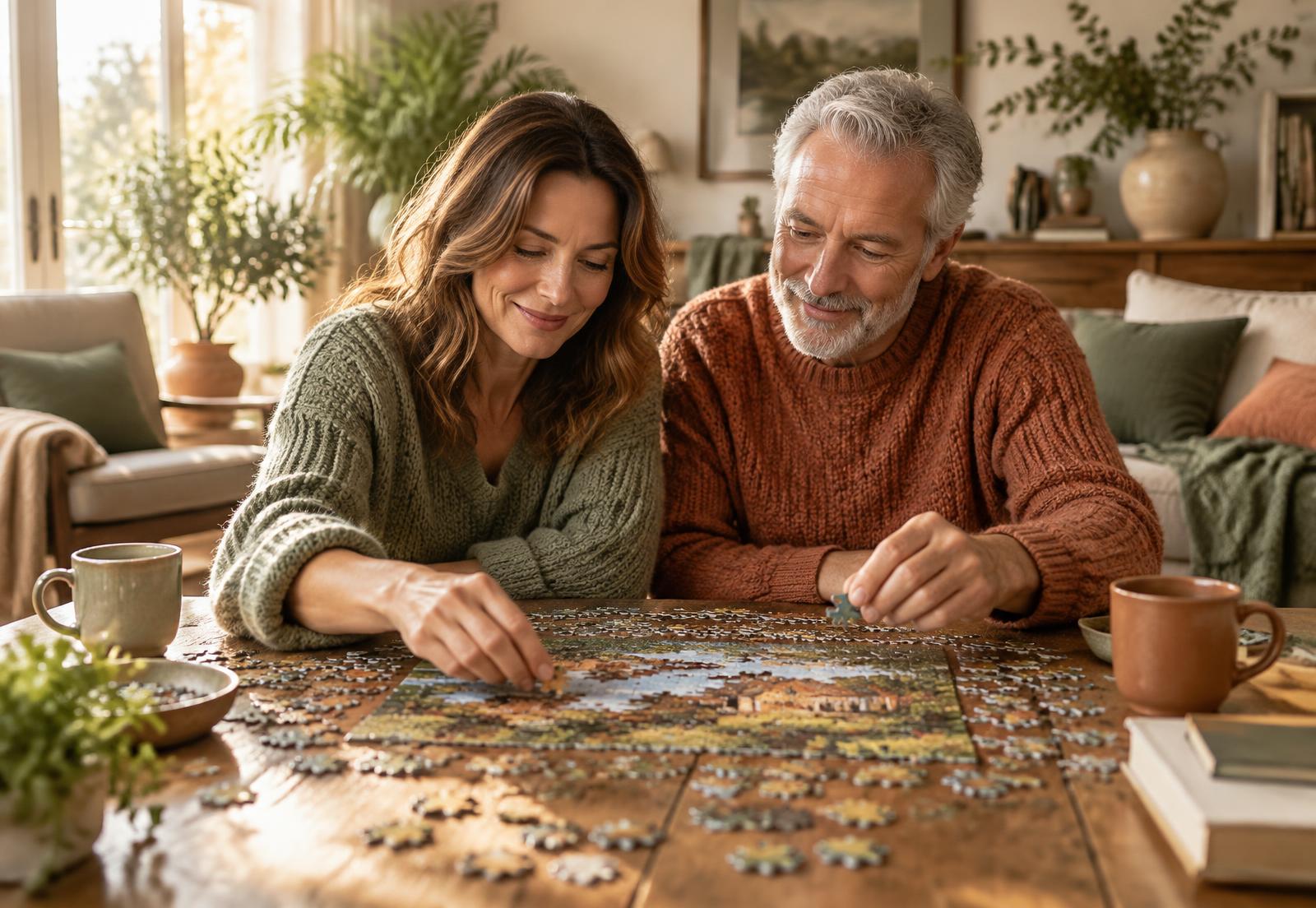 Two adults working on a jigsaw puzzle together in a sunlit living room